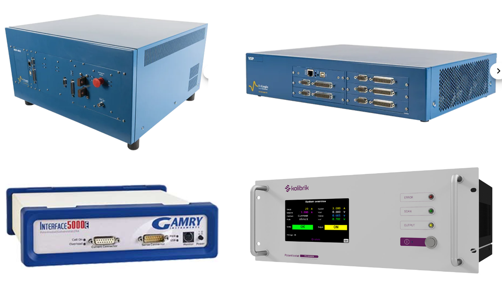 9× potentiostats (1–100 A max current)